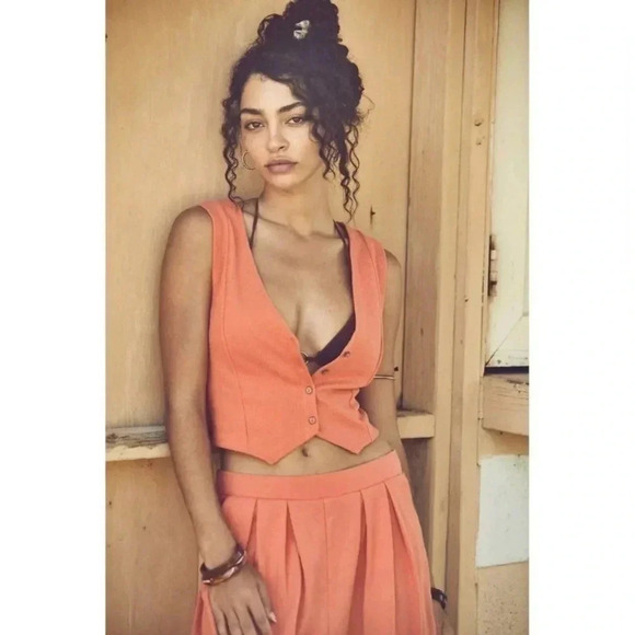 New Free People Beach Roxanne Set Matching Crop Vest Top Wide Leg Pants Orange - Picture 2 of 11